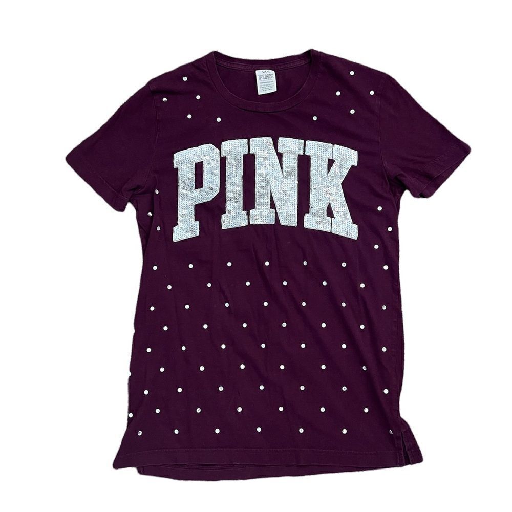 PINK maroon burgandy red  rhinestone jewel tee shirt size xs women’s H214